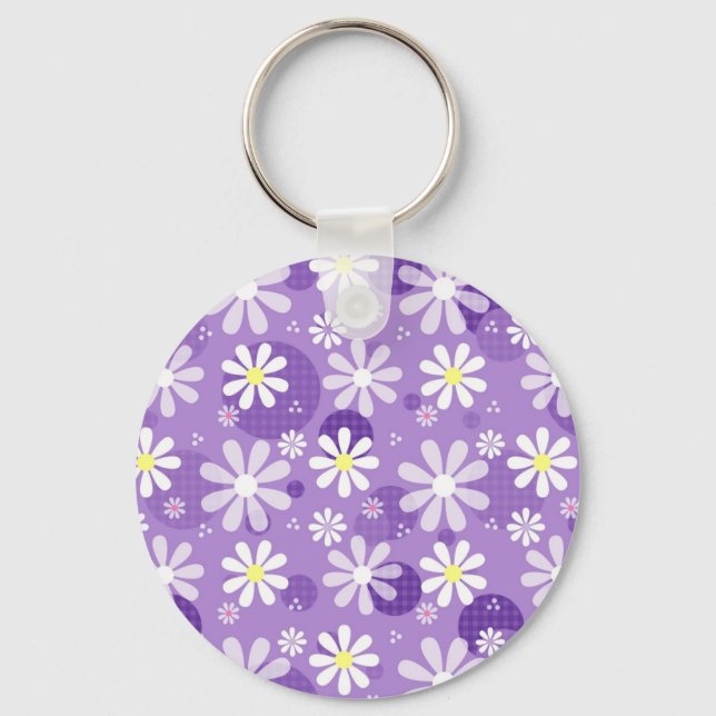Retro Daisy Lila Gingham Circles Nyckelring (Framsida)