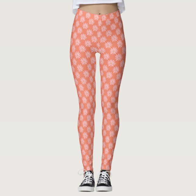 Retro Daisy Mönster Coral Peach BOHO Chic Leggings (Framsida)