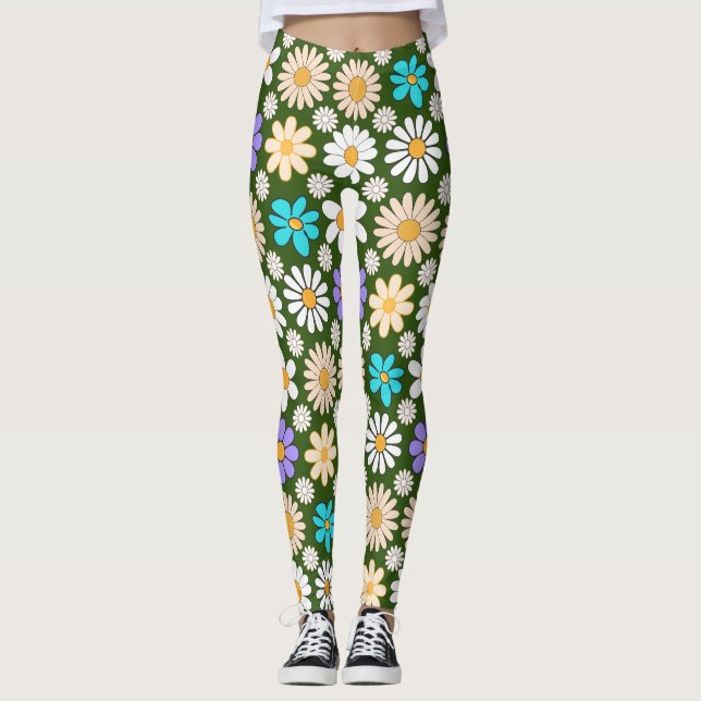 Retro Daisy Mönster Simple.01. D Grönt BG Leggings (Framsida)