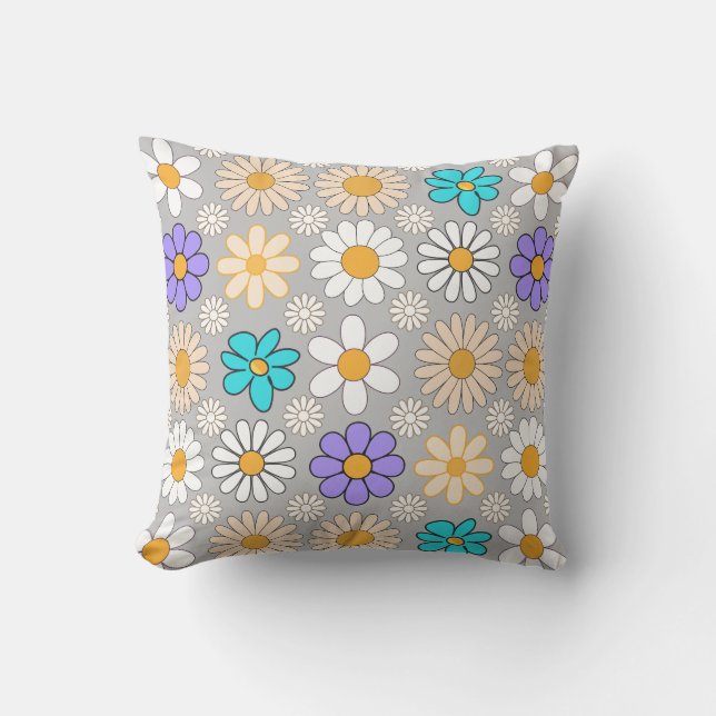 Retro Daisy Mönster Simple.01. Grått BG Lumbarkudde (Framsida)