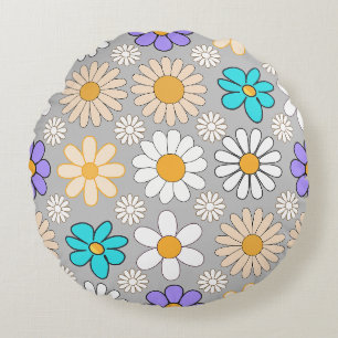 Retro Daisy Mönster Simple.01. Grått BG Rund Kudde