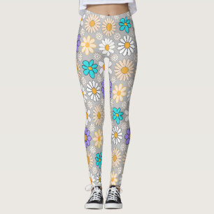 Retro Daisy Mönster Simple.01. L Grått BG Leggings