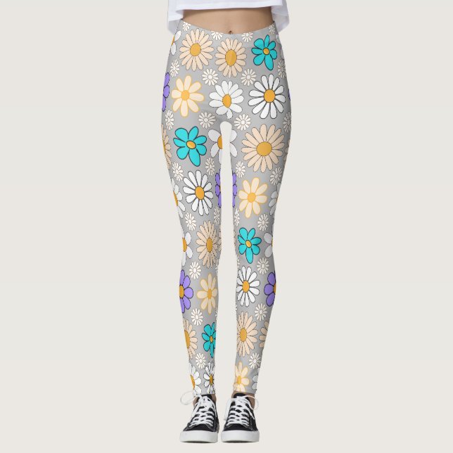 Retro Daisy Mönster Simple.01. L Grått BG Leggings (Framsida)