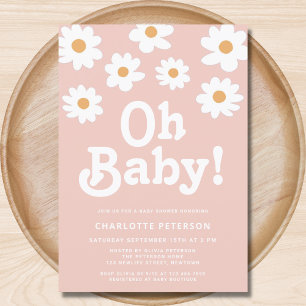 Retro Daisy Rosa Babyfirande Inbjudningar