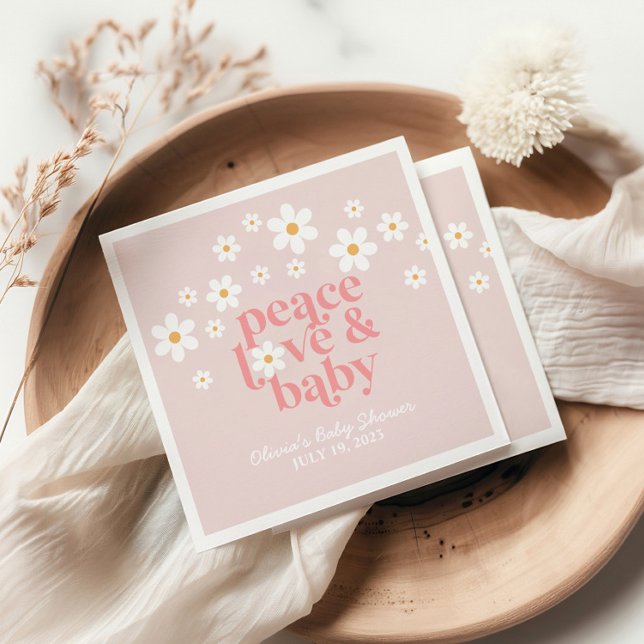 Retro Daisy Rosa boho Peace Kärlek Baby Shower Pappersservett (Skapare uppladdad)