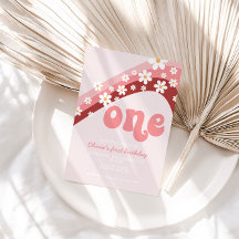 Retro Daisy Rosa Regnbågsinbjudan för första födel