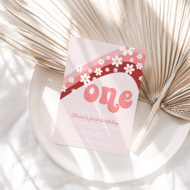 Retro Daisy Rosa Regnbågsinbjudan för första födel Inbjudningar