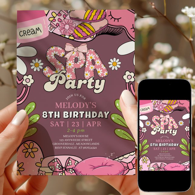 Retro Daisy Spa Party Birthday Invitation Maroon Inbjudningar (Skapare uppladdad)