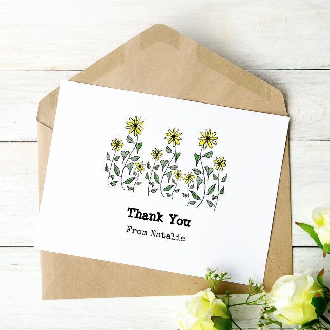 Retro-Daisy Tvätta handillustrerad Personlig Tack Kort (Hand-illustrated yellow wildflowers make it fun to catch up on your thank you notes!)
