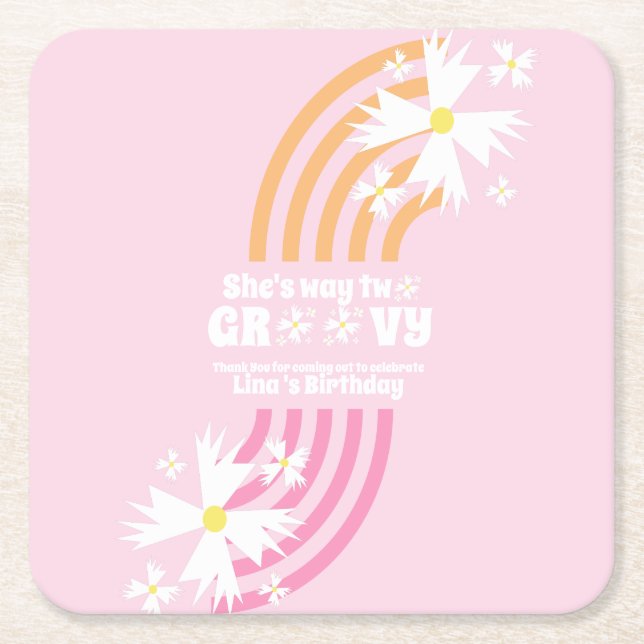Retro Daisy Way Två Groovy Regnbågsfest Underlägg Papper Kvadrat (Framsidan)