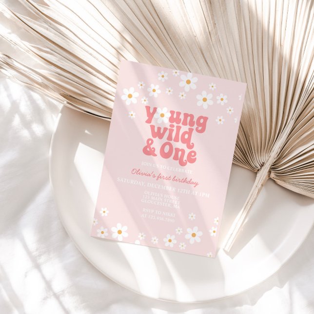 Retro Daisy Young Vild 1 Blommigt 1 födelsedag Inbjudningar (Skapare uppladdad)