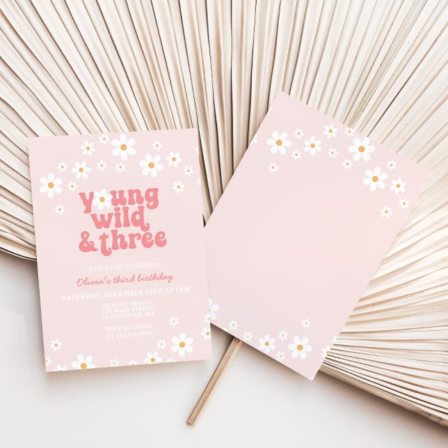 Retro Daisy Young Vild 3 Blommigtar 3 födelsedag Inbjudningar (Skapare uppladdad)