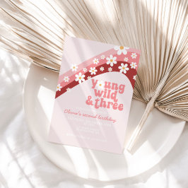 Retro daisy Young Vild 3 blommigtar tredje födelse Inbjudningar