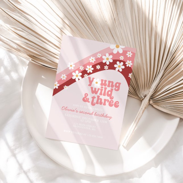 Retro daisy Young Vild 3 blommigtar tredje födelse Inbjudningar (Skapare uppladdad)