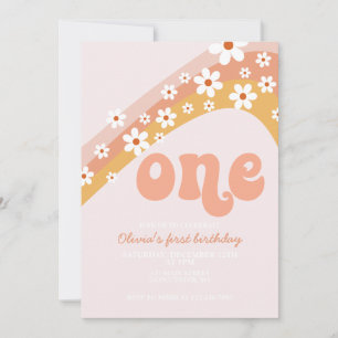 Retro-daisyns regnbåge första födelsedag inbjudningar