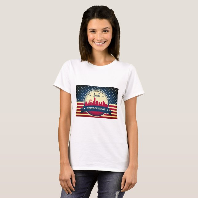 Retro Dallas Texas Skyline Tee Shirt (Hel framsida)