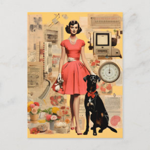 Retro dam i klänning med svart hund Collage Vykort