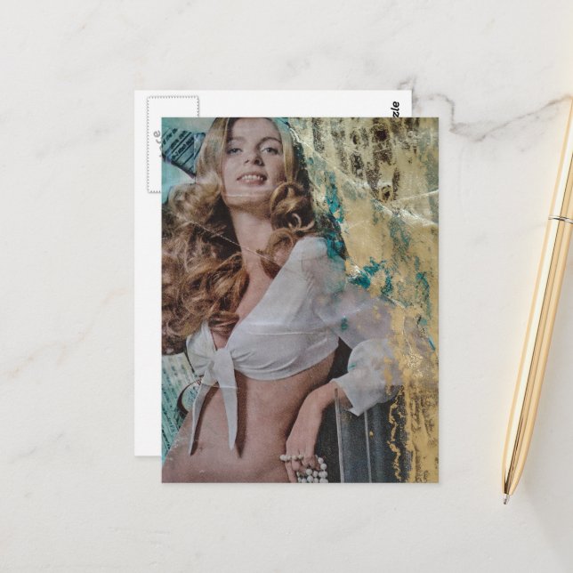 Retro dam med pärlor Mixed media collage Vykort (Fram/Back In Situ)