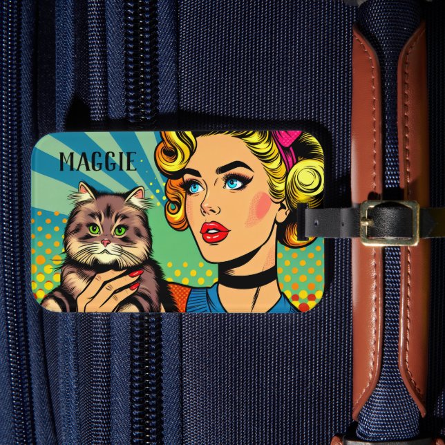 Retro dam och katt Personlig Bagagebricka (Framsida Insitu 4)