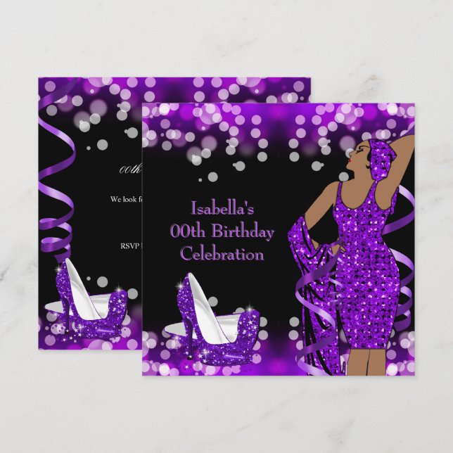 Retro Dam Purple Glitter Höga Klackar Födelsedag Inbjudningar (Fram/baksida)