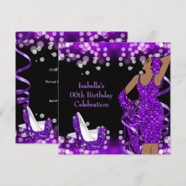 Retro Dam Purple Glitter Höga Klackar Födelsedag Inbjudningar