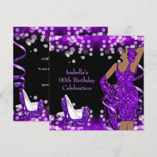 Retro Dam Purple Glitter Höga Klackar Födelsedag Inbjudningar