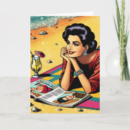 Retro Dam vid Beach Daydreaming Birthday Kort