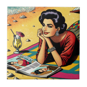 Retro Dam vid Beach Daydreaming om Mode Kakelplatta