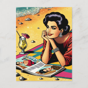 Retro Dam vid Beach Daydreaming om Mode Vykort