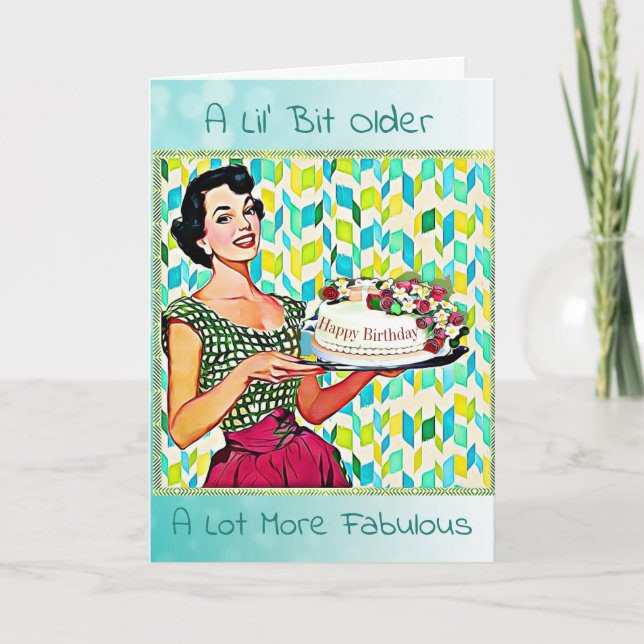 Retro Dam Vintage Cake Birthday Kort (Framsida)
