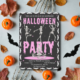 Retro Dancing Skeleton Rosa+Black Halloween fest Inbjudningar