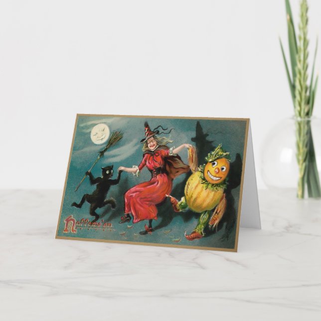 Retro Dancing Witch Halloween Card Helgkort (Framsida)