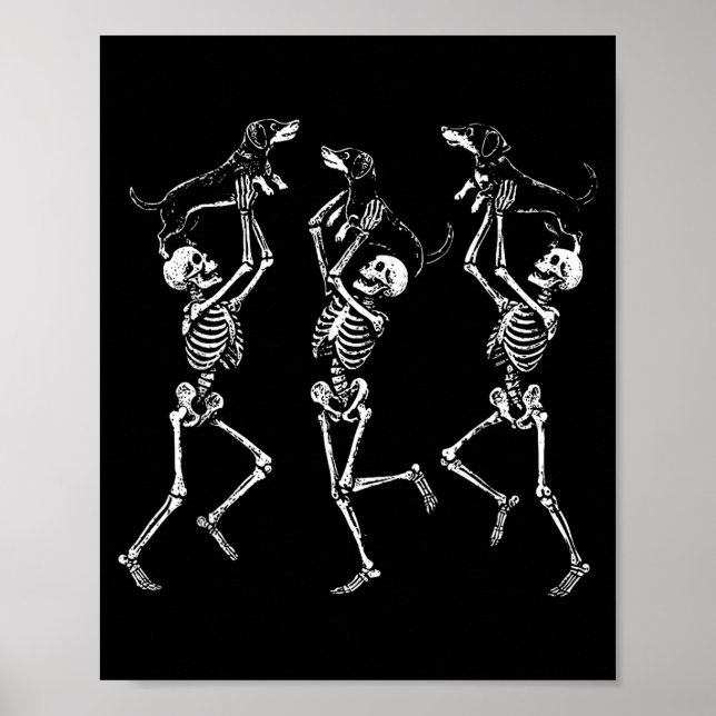 Retro Dansande Skelett Dachshund Söt Halloween D Poster (Framsidan)