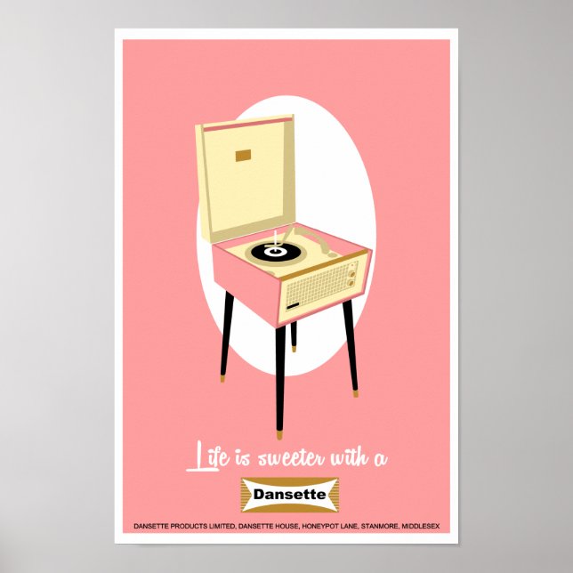 Retro Dansette rosa Record Player Pop Art poster (Framsidan)