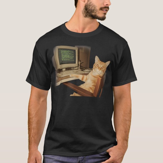 Retro datorkatt rolig vetenskap t shirt (Framsida)