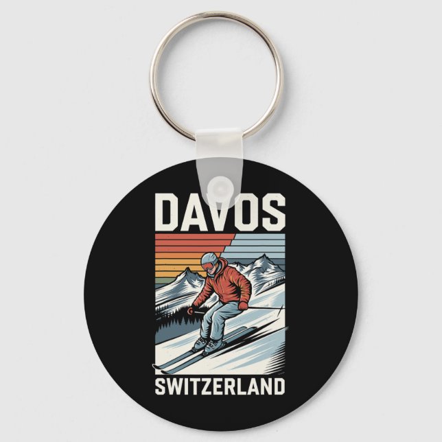 Retro Davos Schweiz Ski Resort Nyckelring (Framsida)