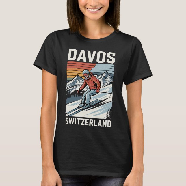Retro Davos Schweiz Ski Resort T Shirt (Framsida)