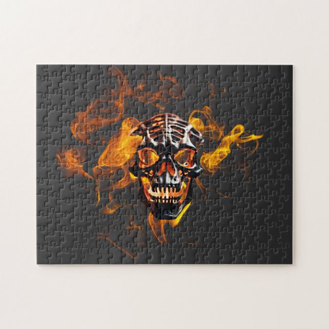 Retro Dead Burning-skelett Skull i brand Pussel (Horisontell)