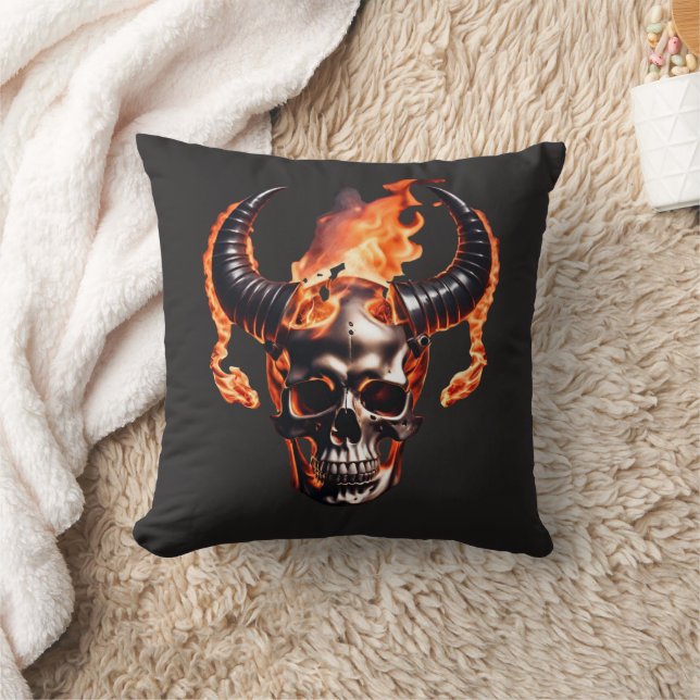 Retro Dead Burning Skull med horn i brand Kudde (Filt)