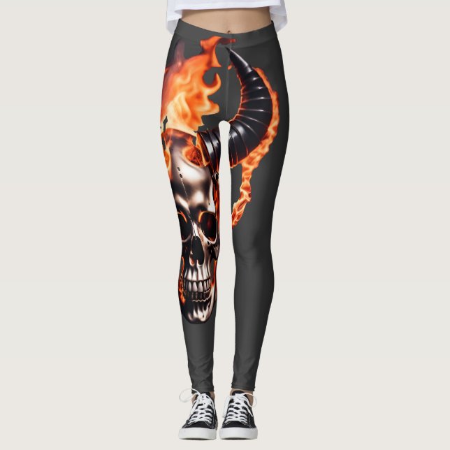 Retro Dead Burning Skull med horn i brand Leggings (Framsida)