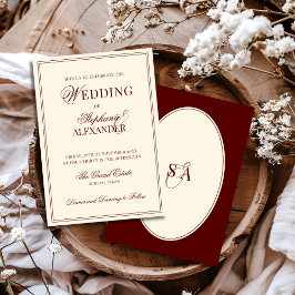 Retro Deep Burgundy Ivory Oval Old Money Wedding  Inbjudningar