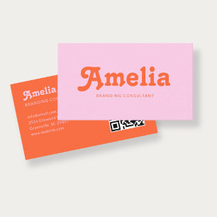 Retro Dekorativ Minimalistisk Orange Rosa QR-kod Visitkort