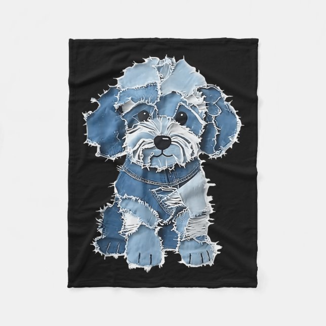 Retro Denim Hund Patch, Funny Shabby Blue Jean Pup Fleecefilt (Framsidan)