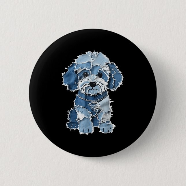 Retro Denim Hund Patch, Funny Shabby Blue Jean Pup Knapp (Framsida)