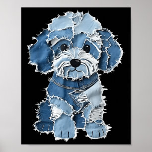 Retro Denim Hund Patch, Funny Shabby Blue Jean Pup Poster