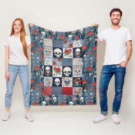 Retro Denim Patchwork with Ro Döskallars Skeletons Fleecefilt
