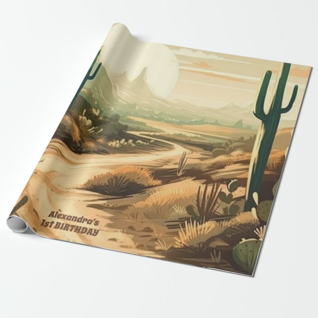 Retro Desert Cactus 1:a födelsedagen Presentpapper (Utrullad)