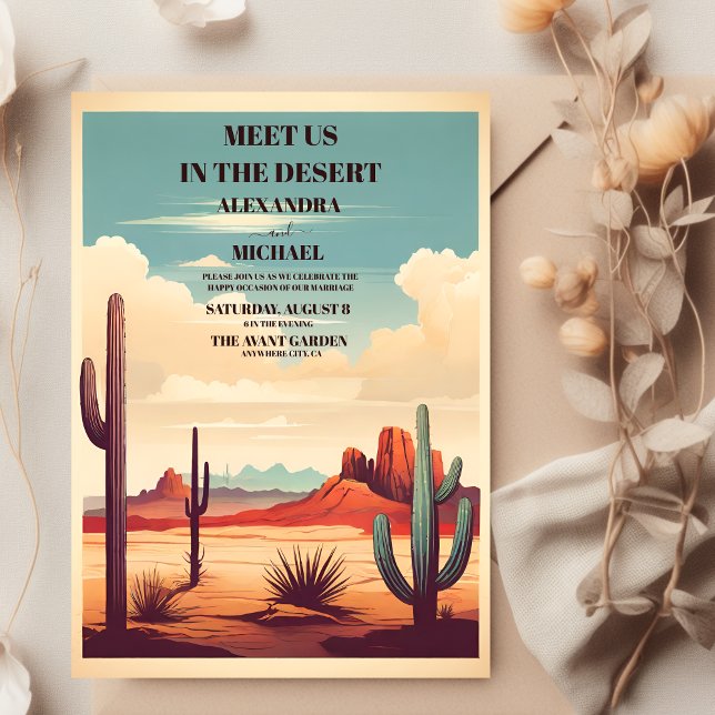 Retro Desert Cactus liggande Bröllop Inbjudningar (Skapare uppladdad)