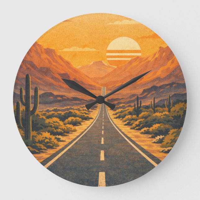 Retro Desert Highway Sunset Landscape Clock Stor Klocka (Framsida)