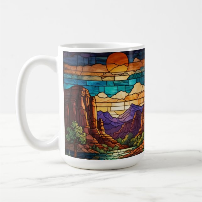 Retro desert scene Sedona mountains stainglass art Kaffemugg (Vänster)